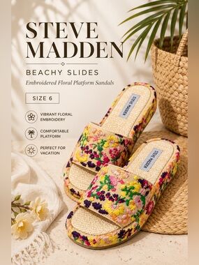 Steve Madden Beachy Embroidered Floral Platform Slide Sandals Size 6